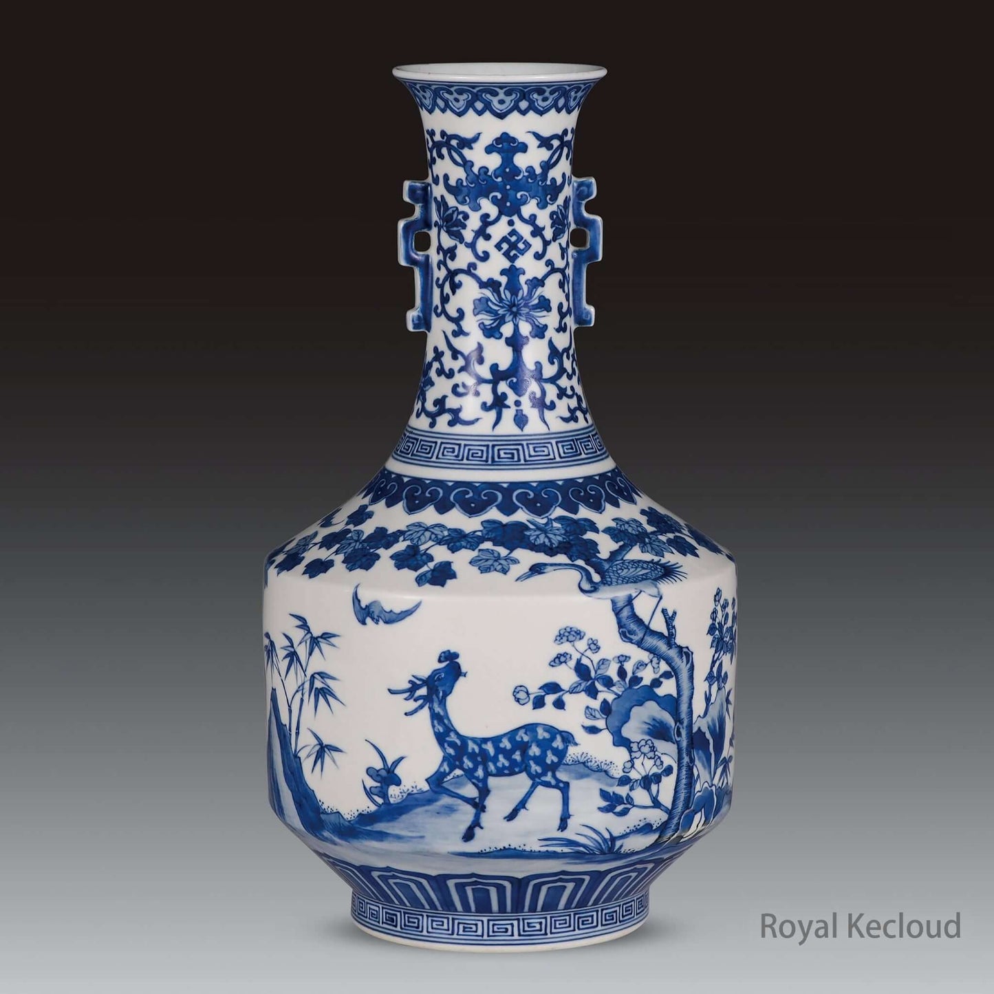 Blue and White Ceramic Vase features Deer and Crane motif, showcasing Qing Dynasty craftsmanship and artistry.