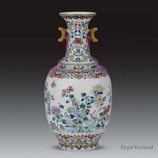 Royal Porcelain Vase | Qing Dynasty Jiaqing | Blue and White Doucai ‘Floral and Bird’ Handled Vase