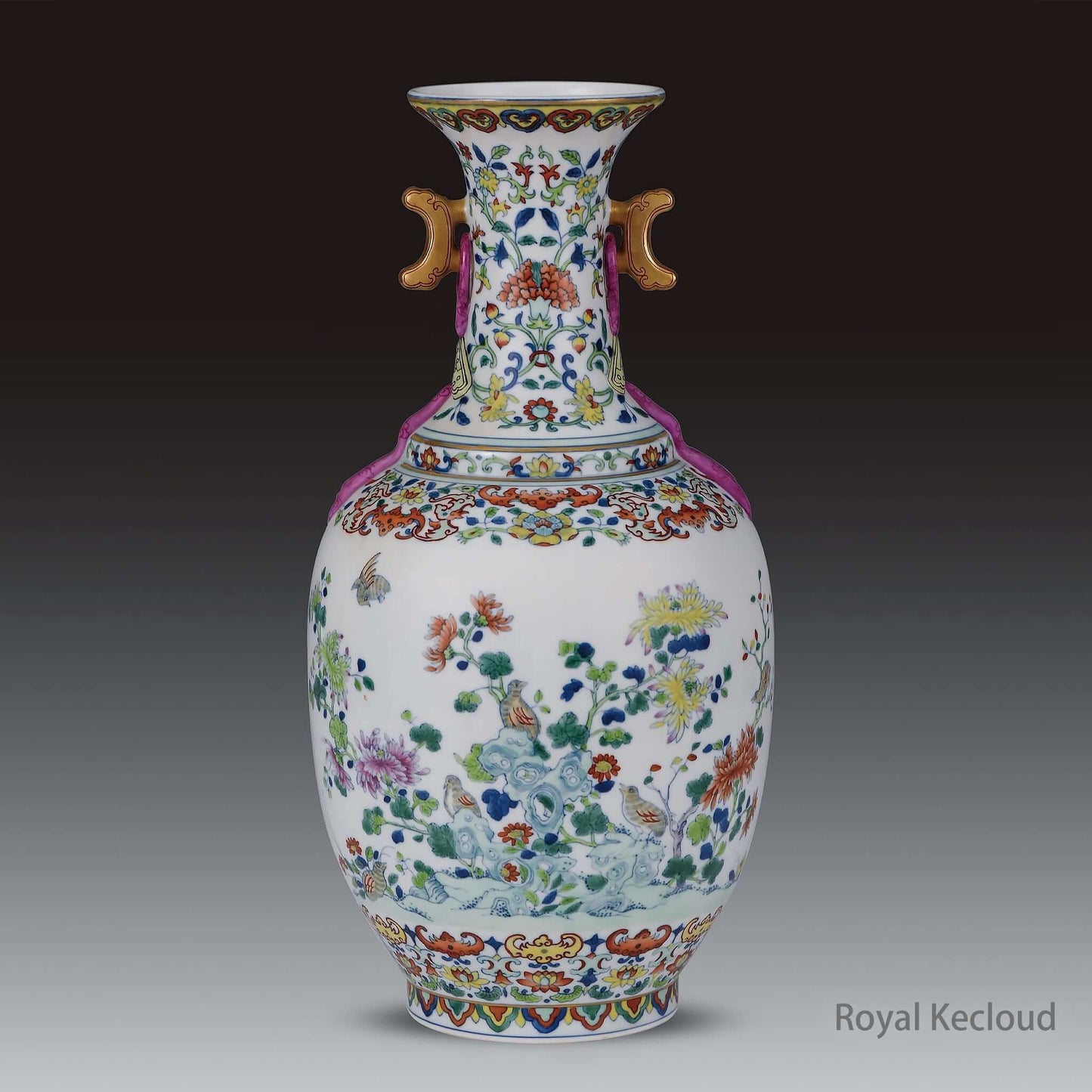 Royal Porcelain Vase | Qing Dynasty Jiaqing | Blue and White Doucai ‘Floral and Bird’ Handled Vase