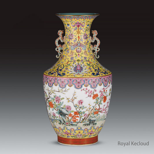 Royal Porcelain Vase | Qing Dynasty Jiaqing | Famille Rose ‘Flowers and Rocks’ Twin-Handled Vase