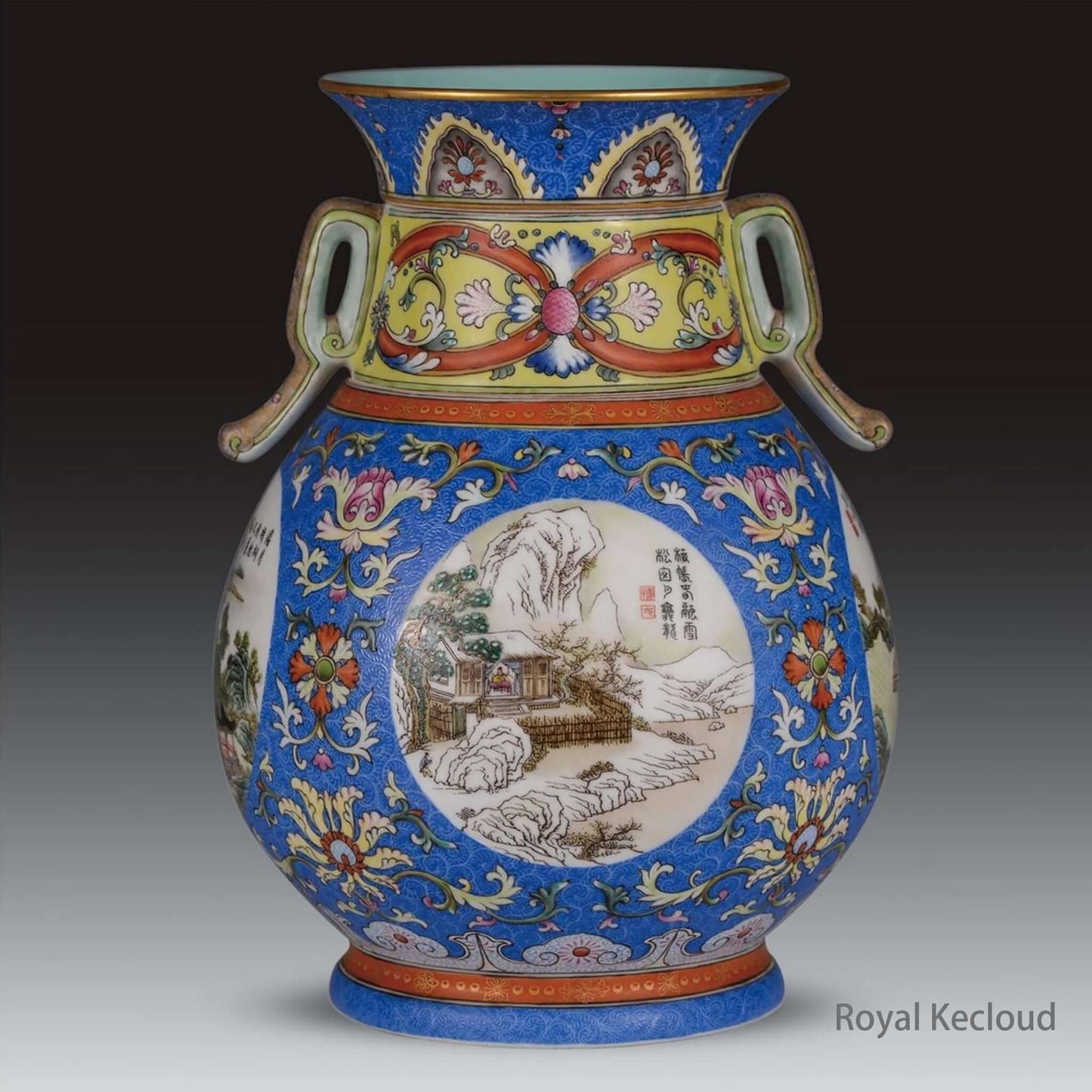 Chinese Ceramic Vase featuring intricate blue-ground enamel design and artistic storytelling from the Qing Dynasty.