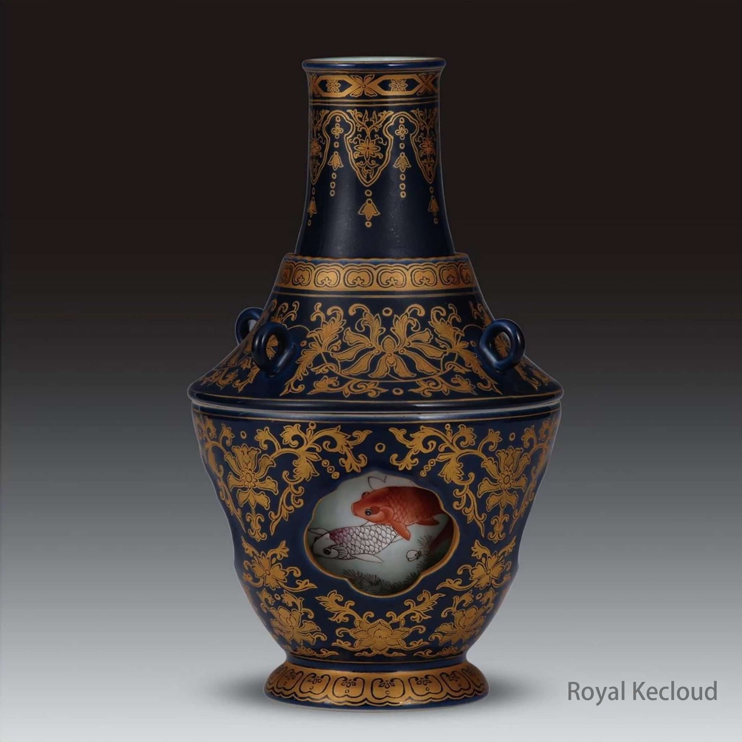 Chinese Ceramic Vase featuring cobalt-blue design and gilt fish, showcasing Qing Dynasty artistry.