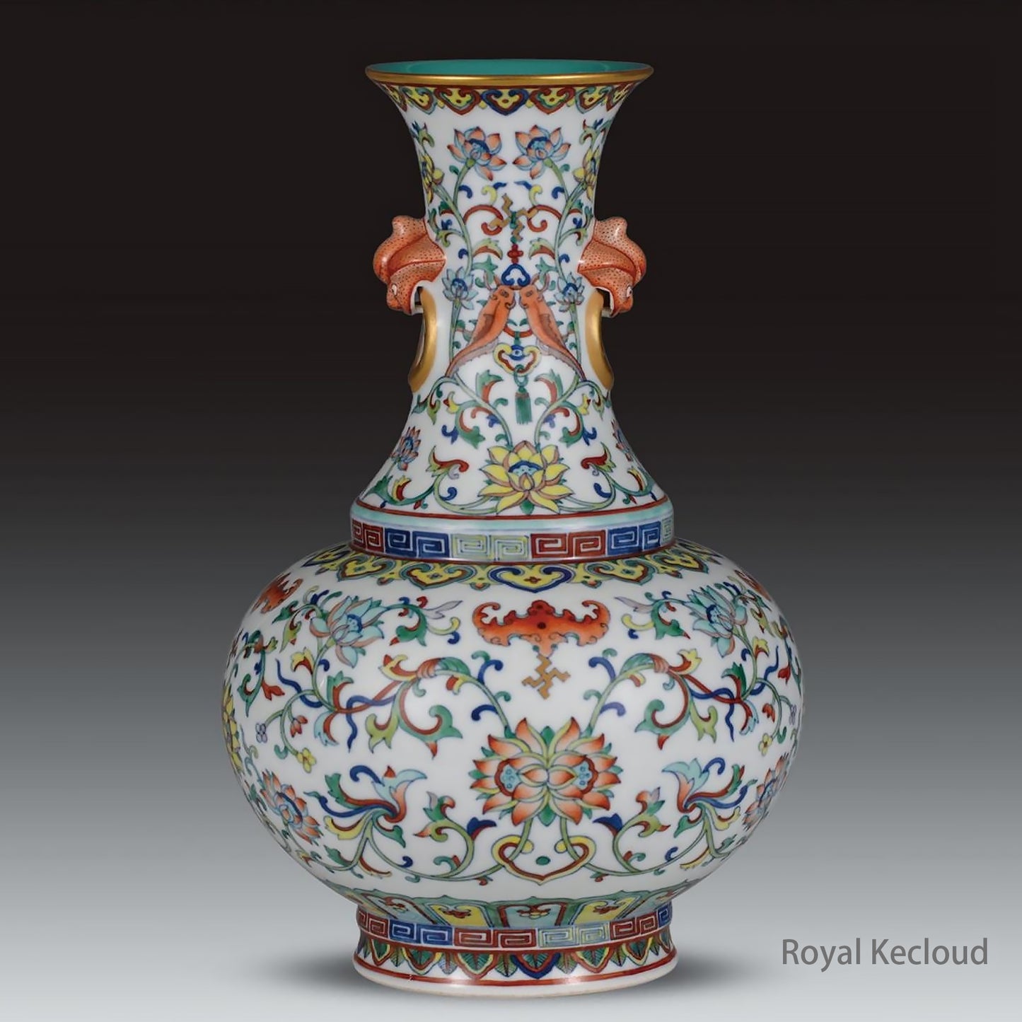 Royal Porcelain Vase | Qing Dynasty Qianlong | Doucai ‘Lotus’ Baluster Vase with Figural Lugs