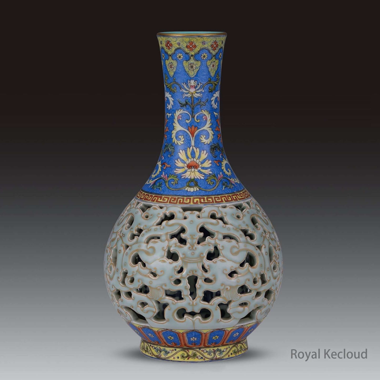Famille Rose Porcelain Vase showcasing intricate design and reticulated structure from the Qing Dynasty.