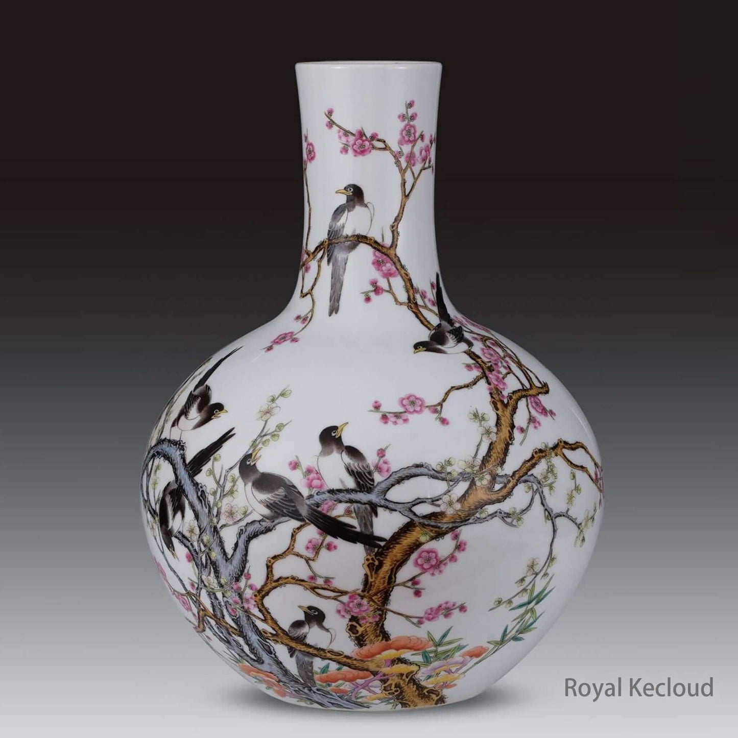 Famille Rose Porcelain Vase showcasing prunus branches and magpies, symbolizing joy and longevity.