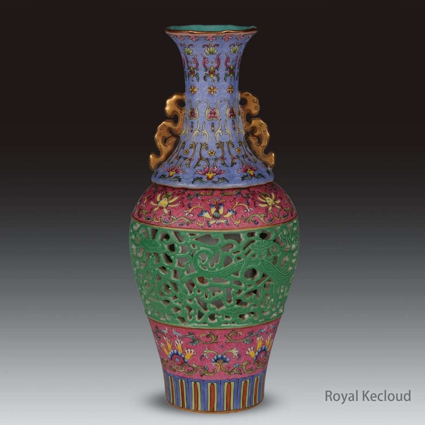 Famille Rose Porcelain Vase showcasing Qing Dynasty Qianlong artistry with dragon motifs and reticulated design.