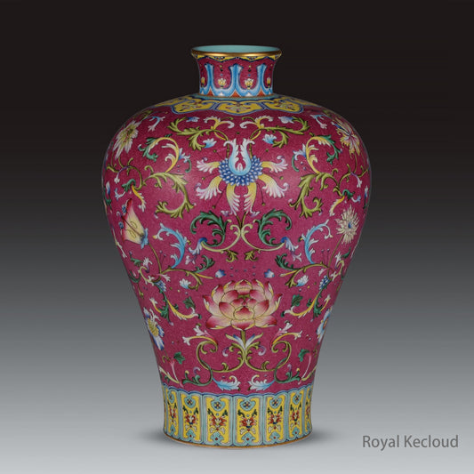 Royal Porcelain Vase | Qing Dynasty Qianlong | Famille Rose Ruby-Ground ‘Floral’ Meiping