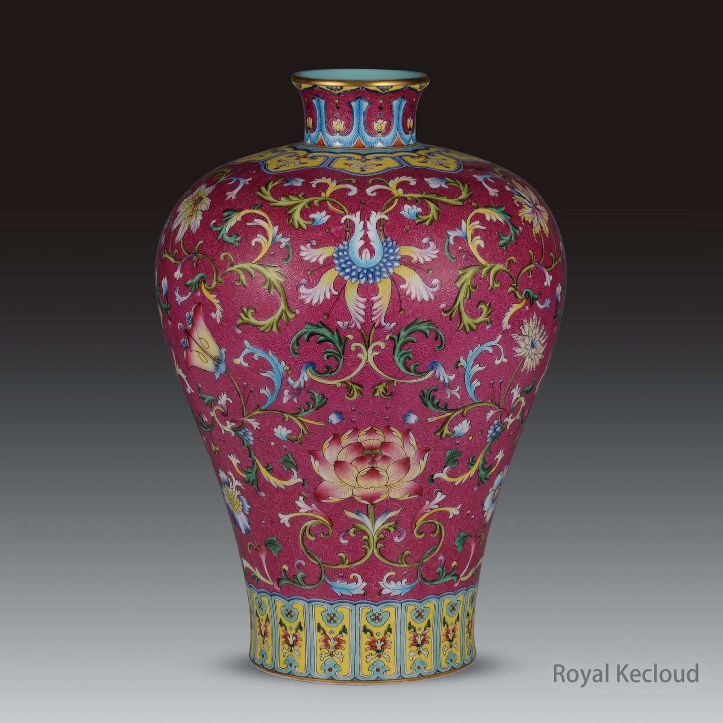Famille Rose Porcelain Vase featuring intricate floral designs on a ruby-red background.