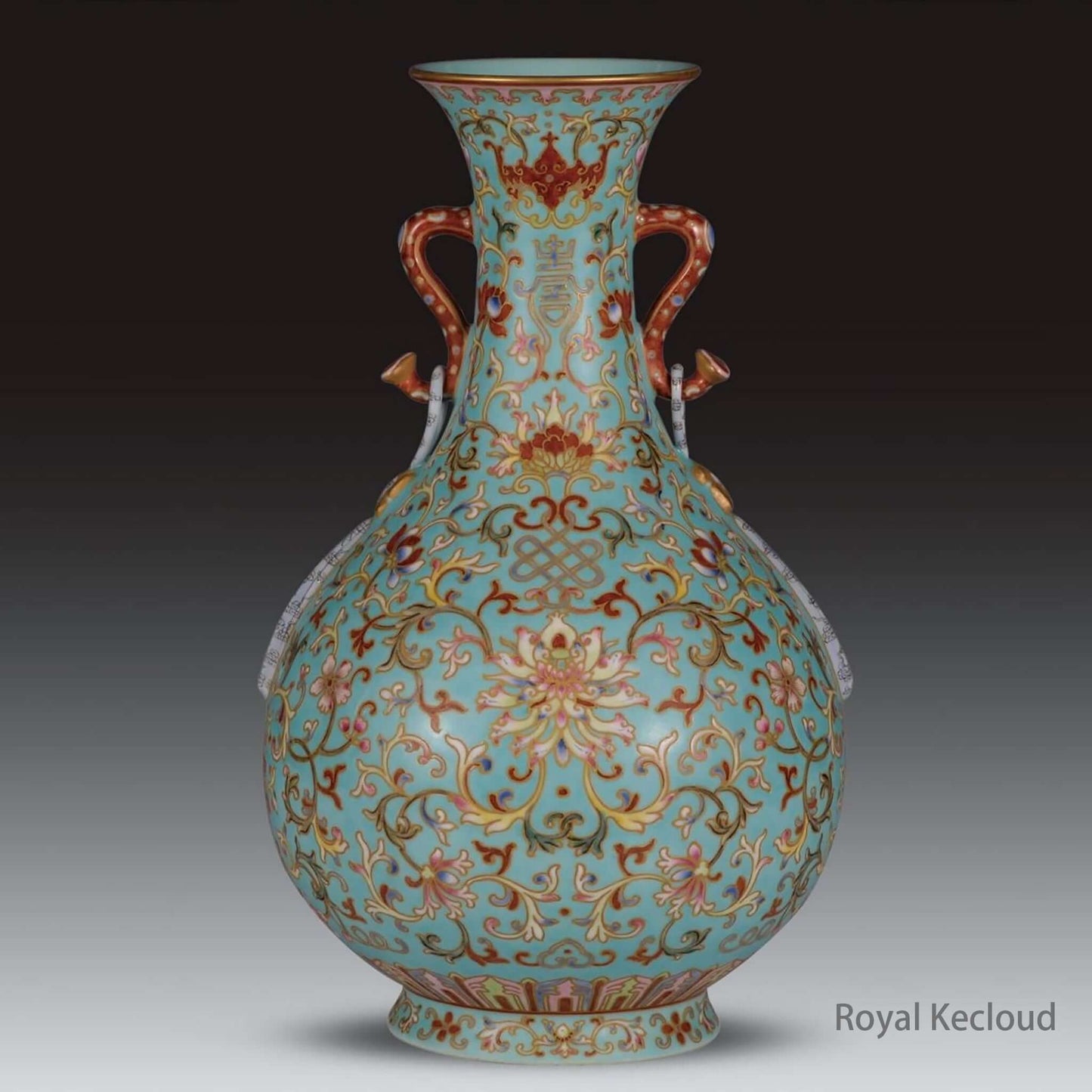 Royal Porcelain Vase featuring intricate Famille Rose designs and turquoise ground, showcasing Qing Dynasty craftsmanship.