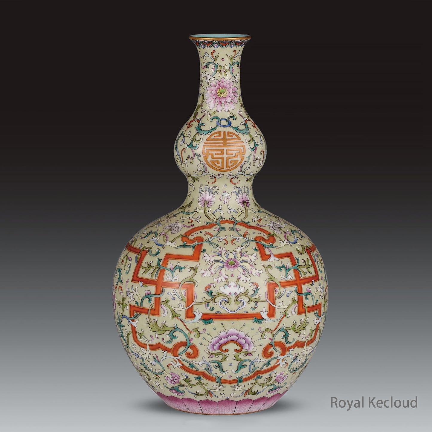 Royal Porcelain Vase | Qing Dynasty Qianlong | Yellow-Ground Famille Rose ‘Floral’ Double-Gourd Vase (HuLuPing)