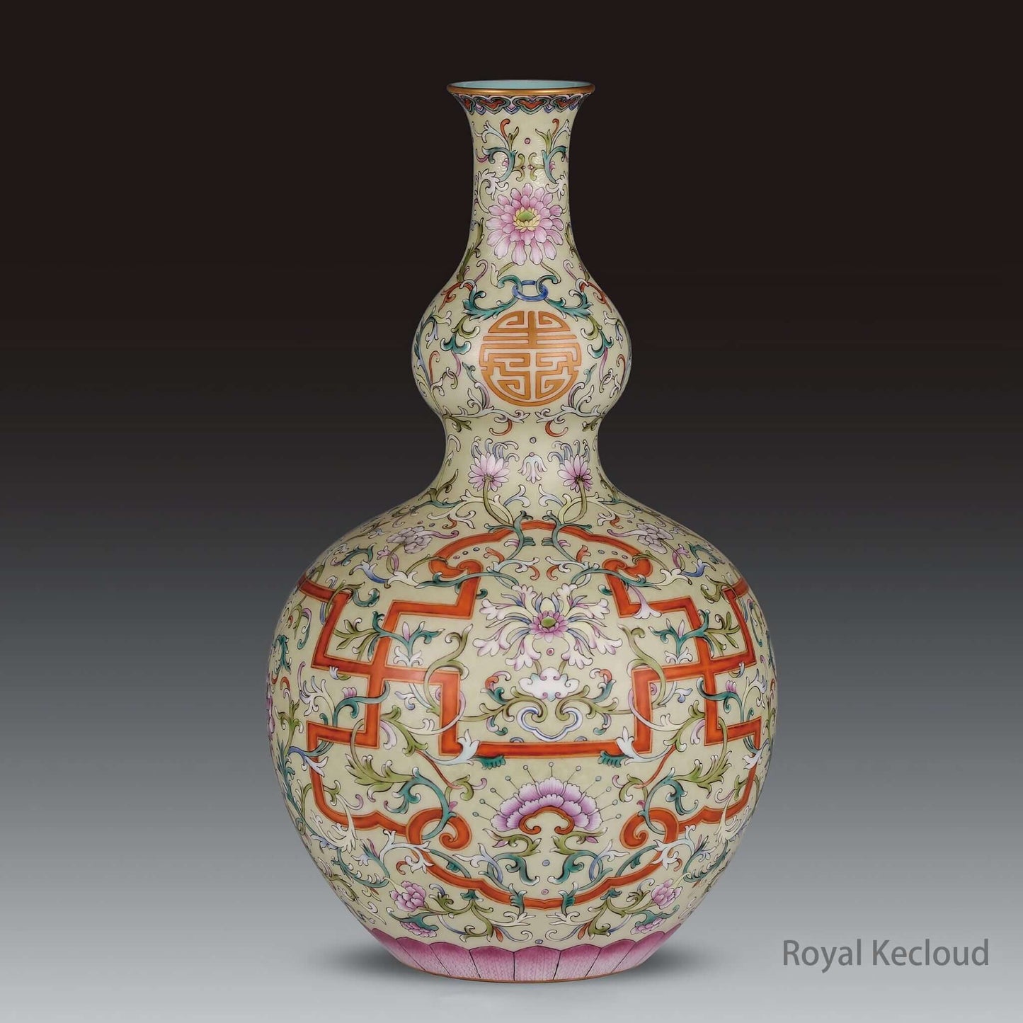 Double Gourd Vase featuring vibrant Famille Rose floral designs and an elegant shape inspired by Qing Dynasty craftsmanship.