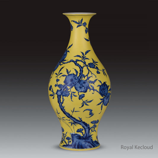 Royal Porcelain Vase | Qing Dynasty Yongzheng | Blue and White ‘Peach and Bats’ on Yellow-ground Fortune Vase