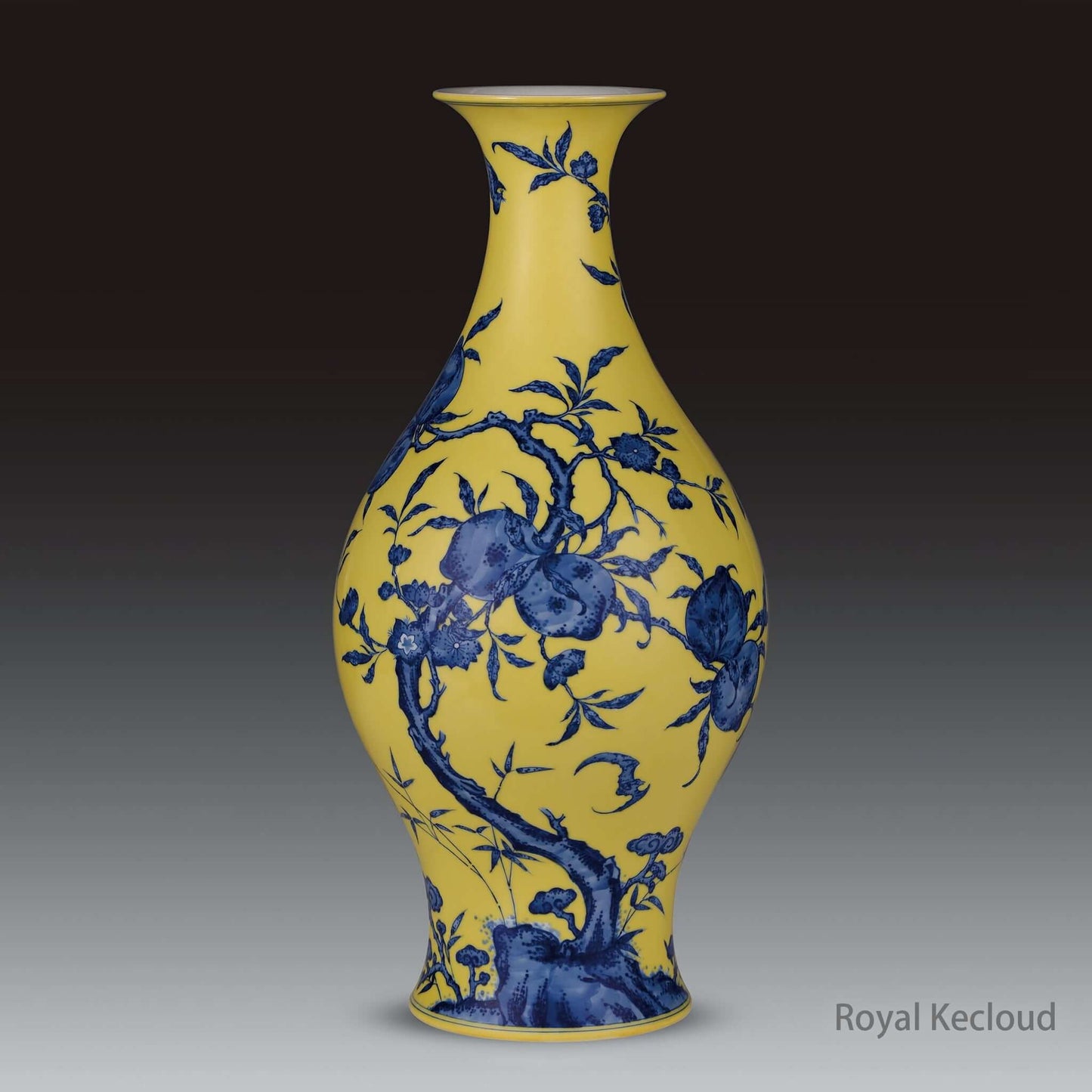 Chinese Ceramics Blue and White Ceramic Vase featuring peach and bat motifs on yellow background.
