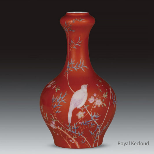 Royal Porcelain Vase | Qing Dynasty Yongzheng | Coral-ground Enamel ‘Bird and Flowers’ Garlic-mouth Vase