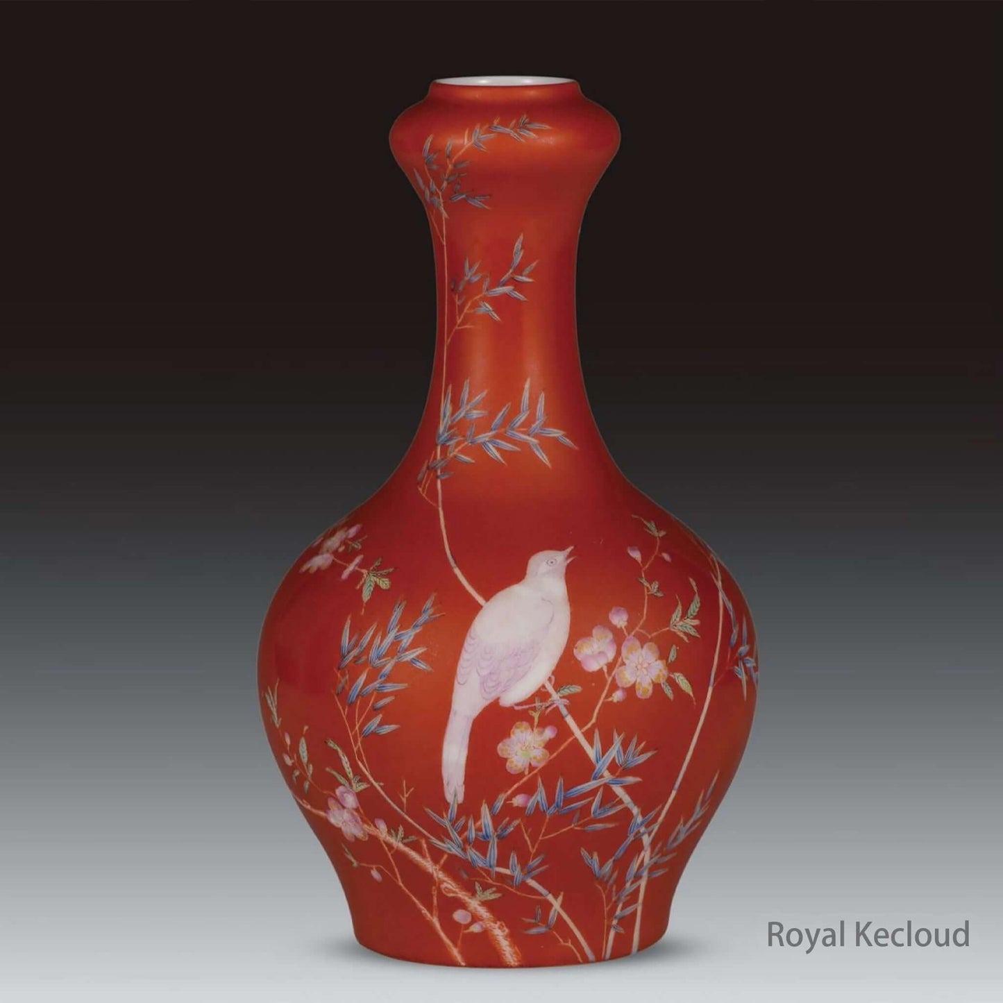 Chinese Ceramics Enamel Vase from Qing Dynasty Yongzheng with coral-red ground and painted birds and flowers.