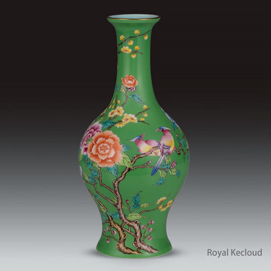 Royal Porcelain Vase | Qing Dynasty Yongzheng | Imperial Green-ground Famille Rose ‘Bird and Flower’ Baluster Vase