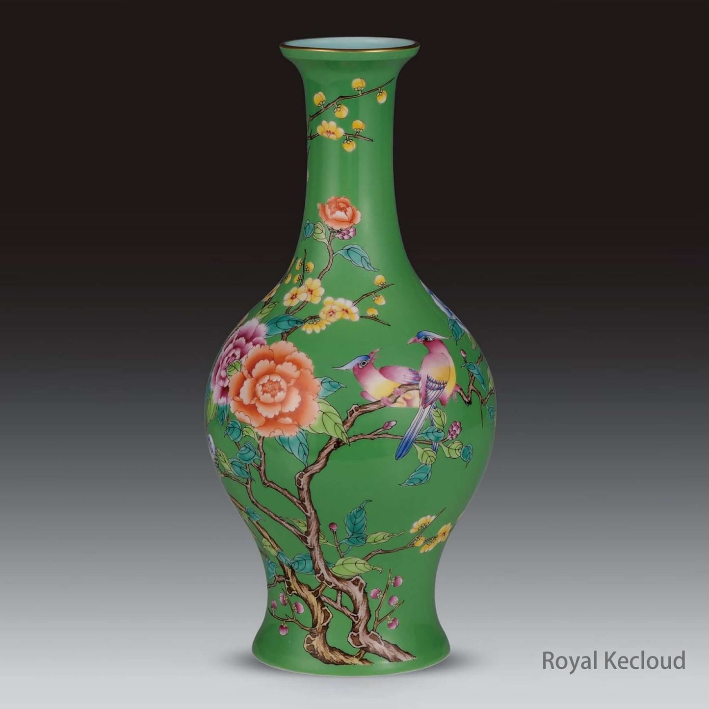 Chinese Ceramic Vase in green enamel with birds and flowers, showcasing Qing Dynasty Yongzheng Famille Rose style.