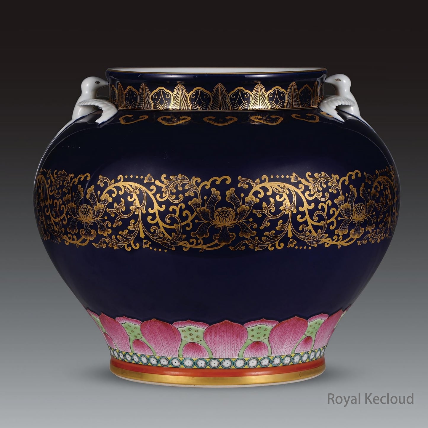 Royal Porcelain Vessel | Qing Dynasty | Indigo-Glazed Zun with Swallows and Gold Design