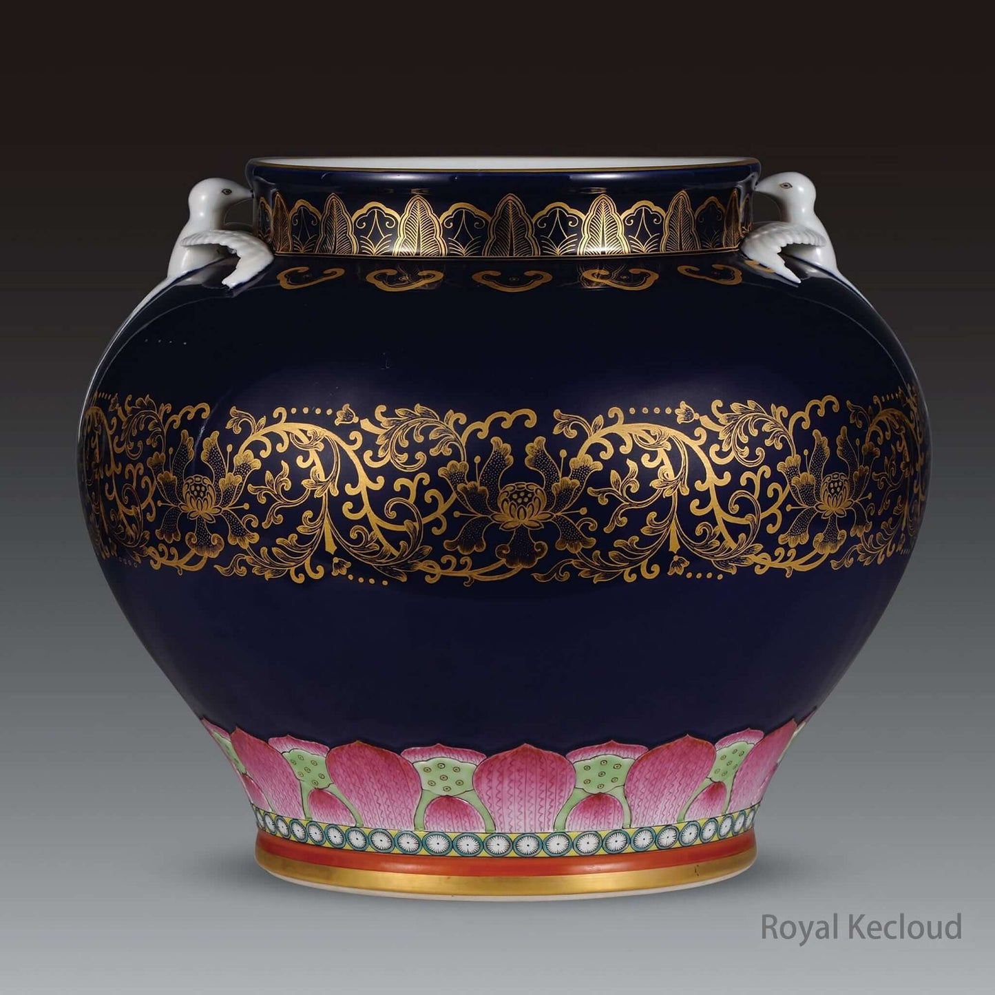 Imperial Porcelain Vessel from the Qing Dynasty with indigo glaze and gold detailing.