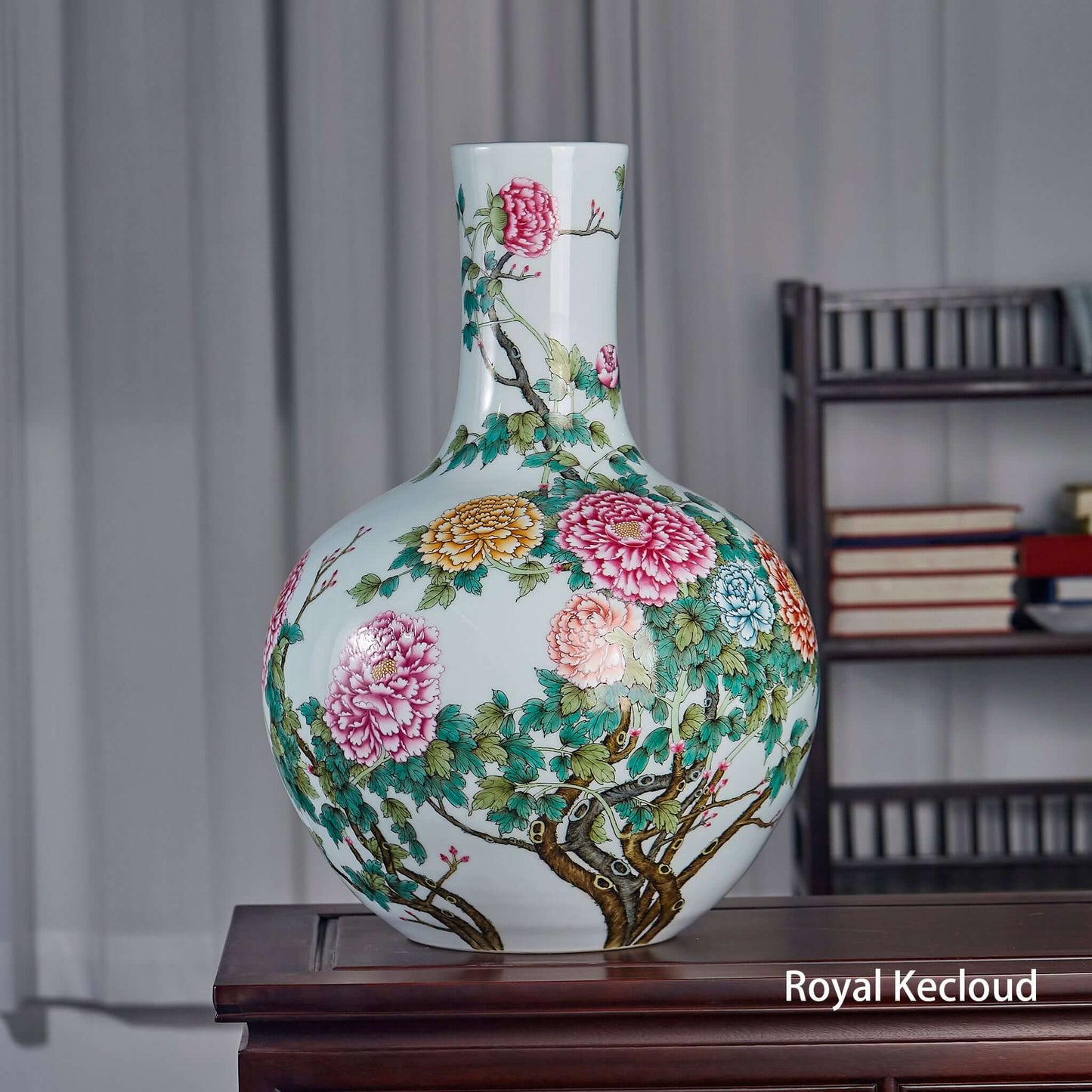 Famille Rose Porcelain Vase featuring vibrant peonies and intricate details, reflecting Qing Dynasty artistry.