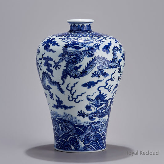 Imperial Blue and White Vase | Qing Dynasty | ‘Waves and Dragon’ Porcelain Prunus Vase