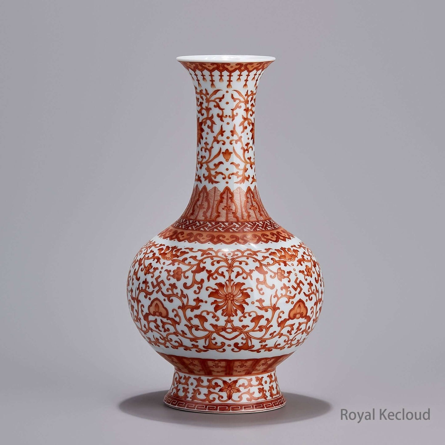 Alum Red Lotus Porcelain Vase showcasing intricate designs and rich red glaze, reflecting Qing Dynasty Qianlong elegance.