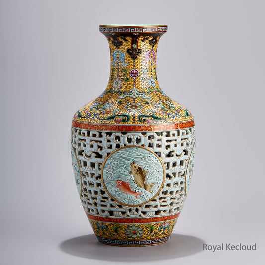 Imperial Porcelain Vase | Qing Dynasty Qianlong | Celadon-Glazed Reticulated Vase Decorated with Fish
