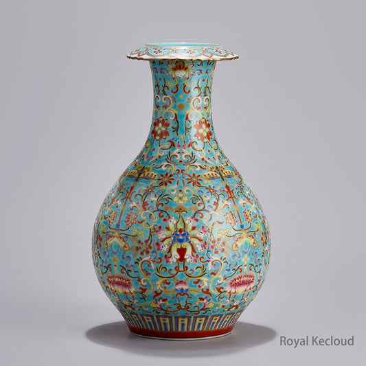 Imperial Porcelain Vase | Qing Dynasty Qianlong | Turquoise-Ground Famille Rose ‘Lotus’ Vase