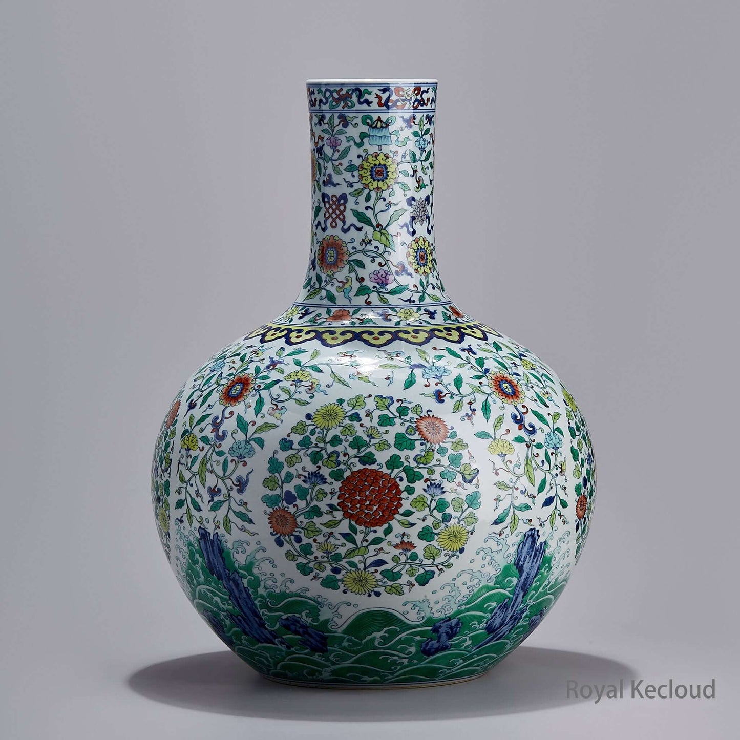 Doucai Porcelain Vase in globular form, showcasing Qing Dynasty Yongzheng artistry with contrasted colors and floral designs.