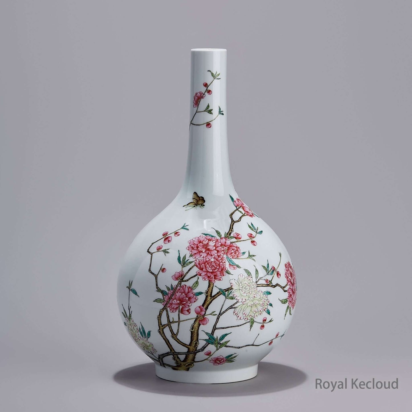 Imperial Famille Rose Porcelain Vase with Peach Blossom Design showcasing Qing Dynasty artistry.