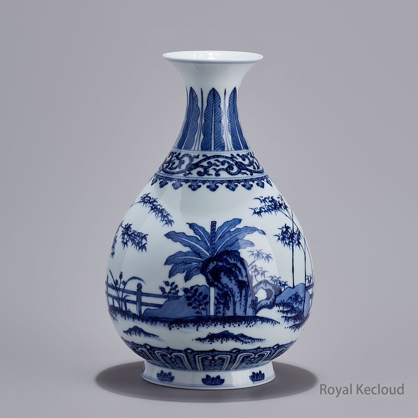 Imperial Qing Dynasty Blue-and-White Porcelain Vase with ‘Bamboo Rocks & Banana Trees’ - YuHuChunPing