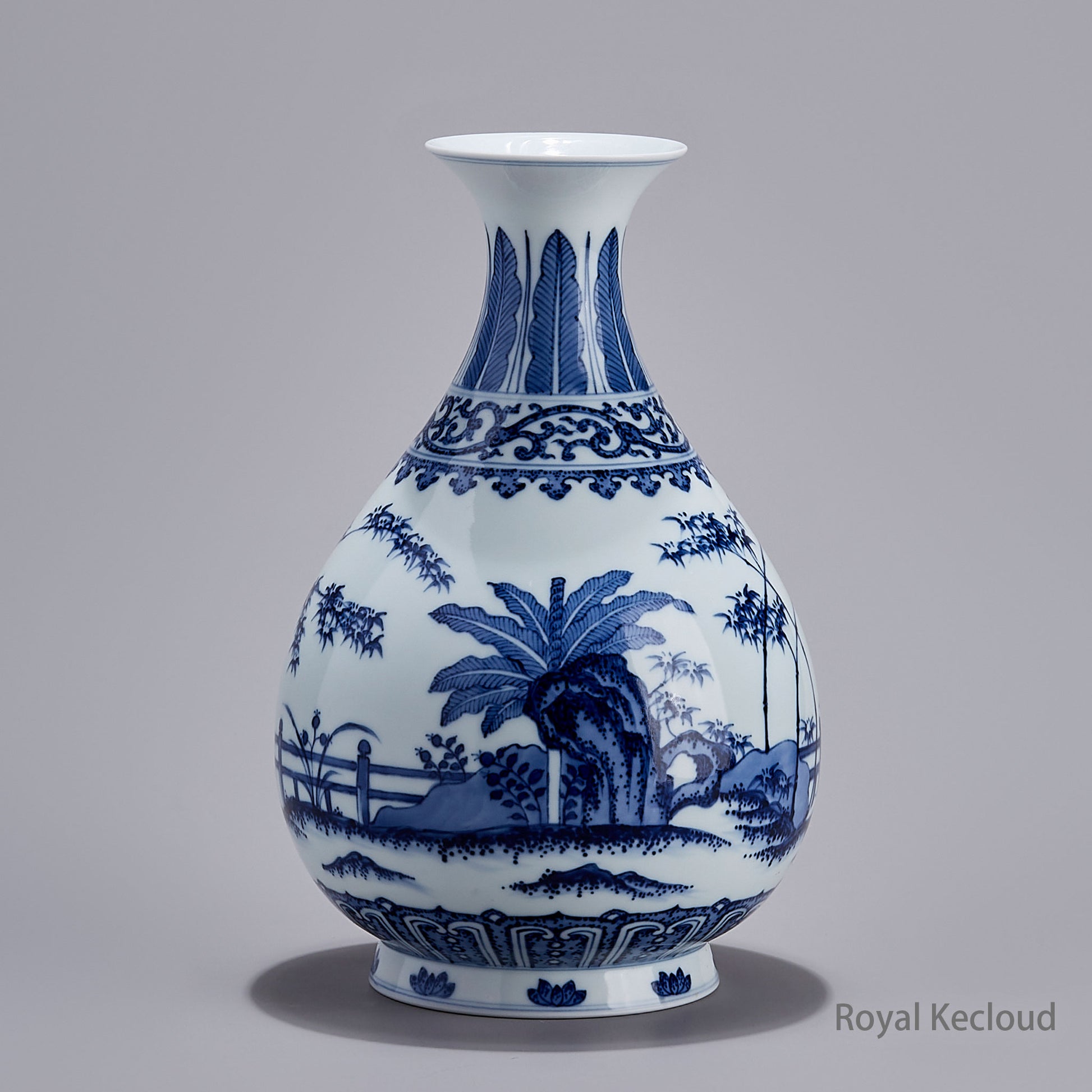 Imperial Qing Dynasty Blue-and-White Porcelain Vase with ‘Bamboo Rocks & Banana Trees’ - YuHuChunPing