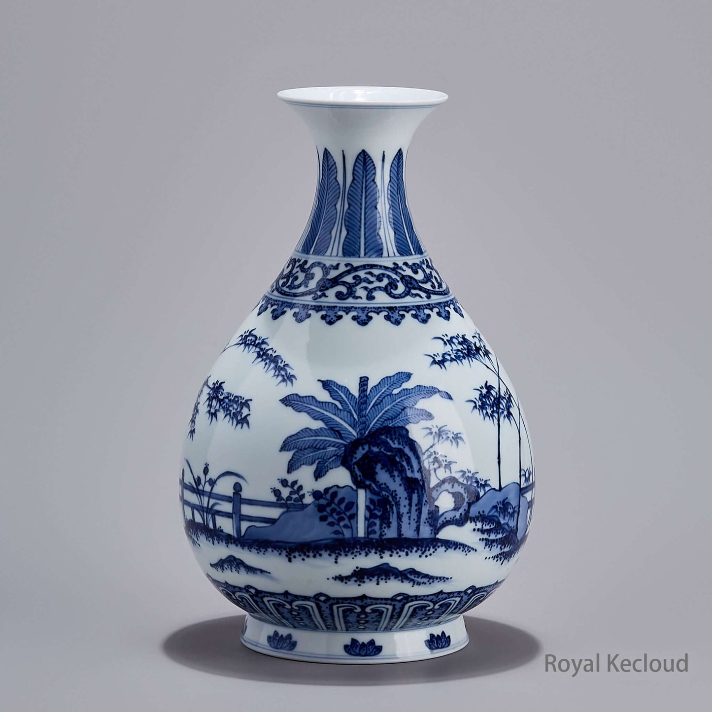 Blue & White Porcelain Vase featuring Bamboo Rocks & Banana Trees, Qing Dynasty YuHuChunPing design.