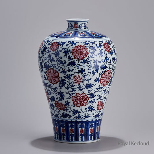 Imperial Qing Dynasty Blue-and-White Prunus Porcelain Vase | ‘Interlocking Lotus’ in Underglazed Red