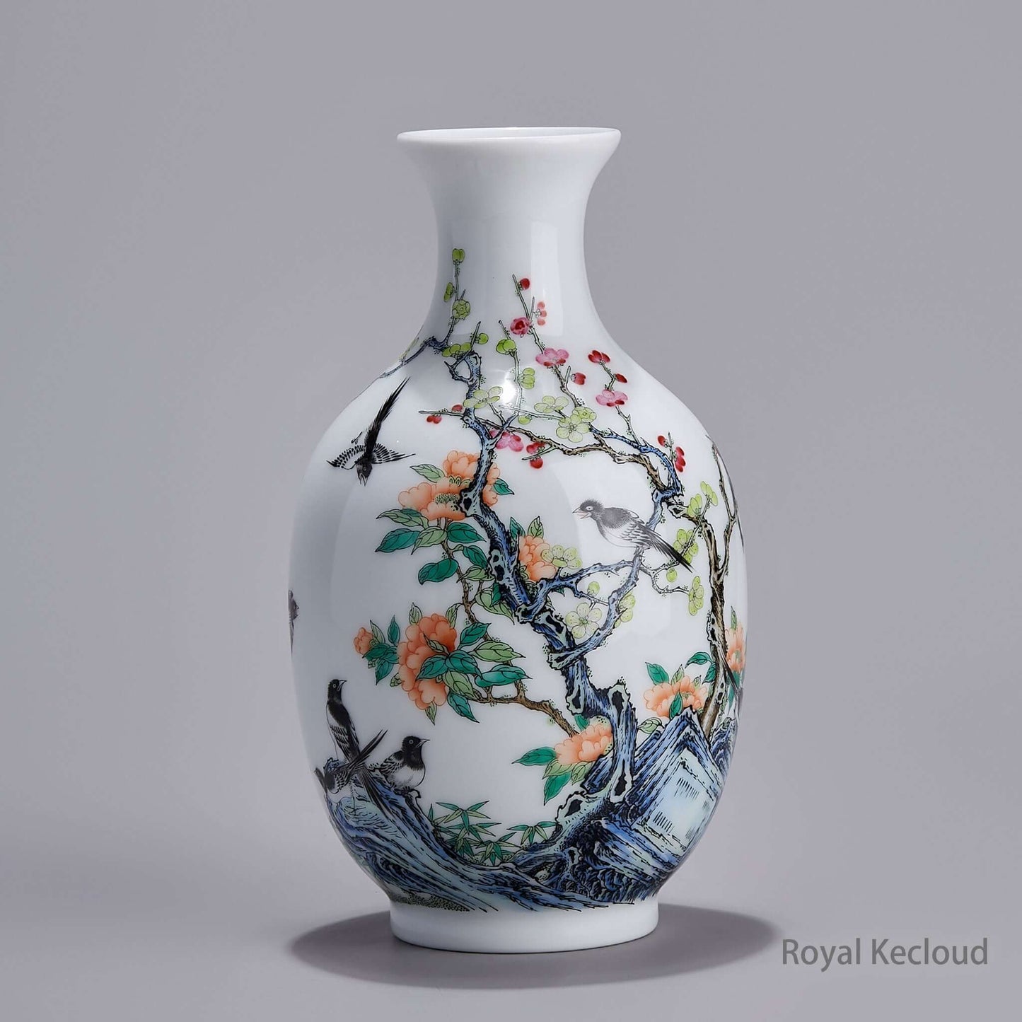 Imperial Qing Dynasty Enameled ‘Magpies and Prunus’ Porcelain Vase