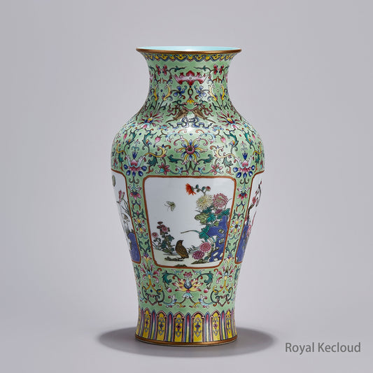 Imperial Qing Dynasty Famille Rose Green-Ground Porcelain Vase