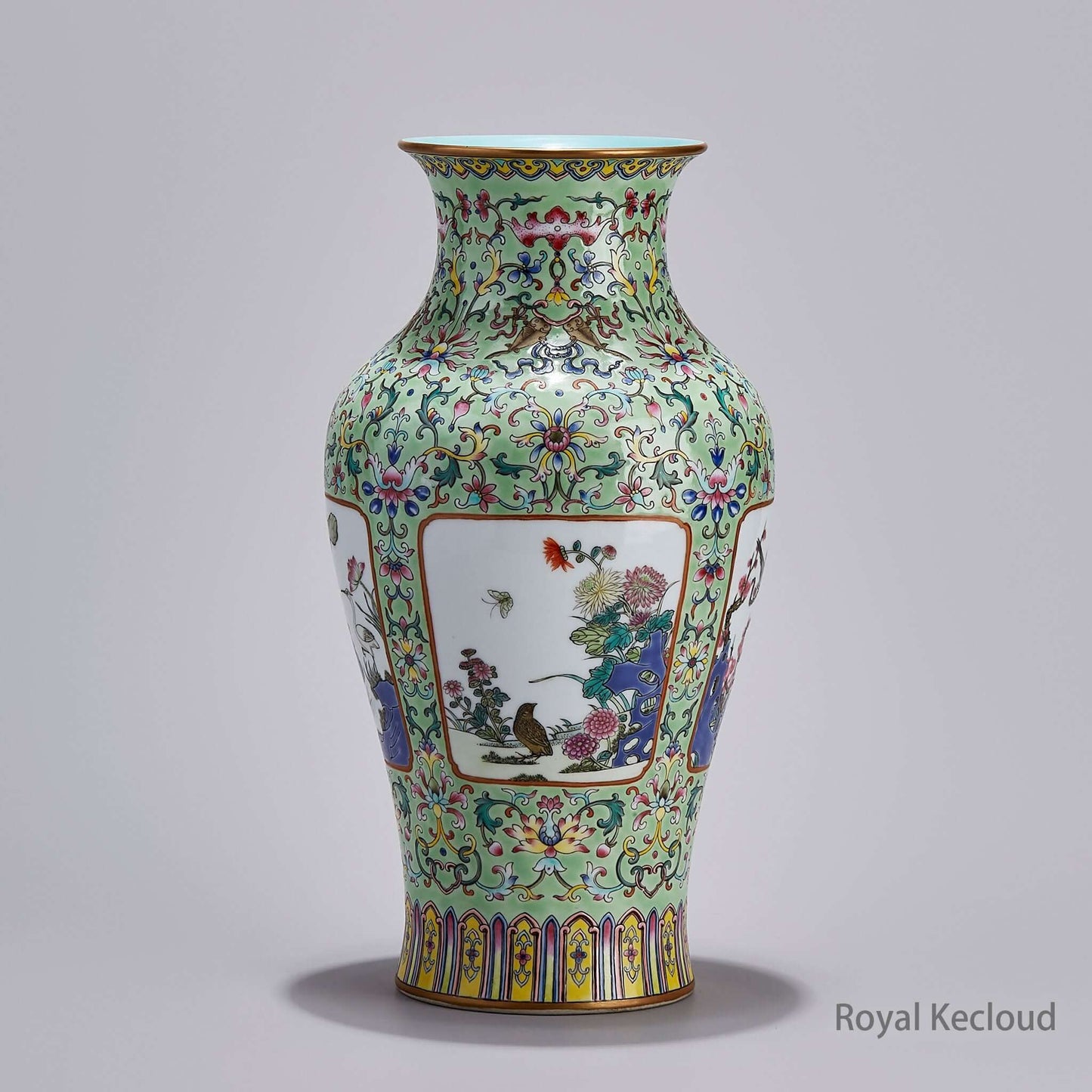 Imperial Qing Dynasty Famille Rose Green-Ground Porcelain Vase