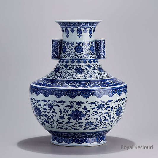 Imperial Qing Dynasty Qianlong Emperor Blue & White ‘Twined Florals’ Twin-Handled Porcelain Vas