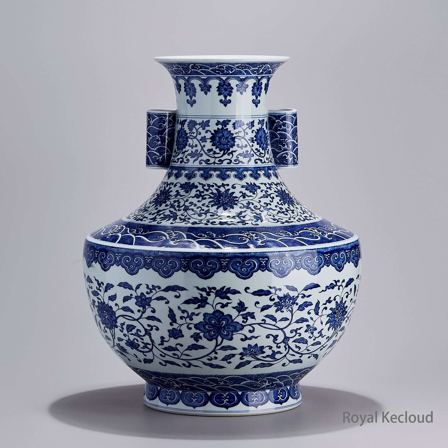 Imperial Qing Dynasty Qianlong Emperor Blue & White ‘Twined Florals’ Twin-Handled Porcelain Vas