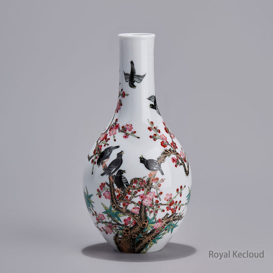 Imperial Qing Dynasty Qianlong Emperor Enameled ‘Bird and Peach Blossoms’ Gallbladder-Shaped Porcelain Vase