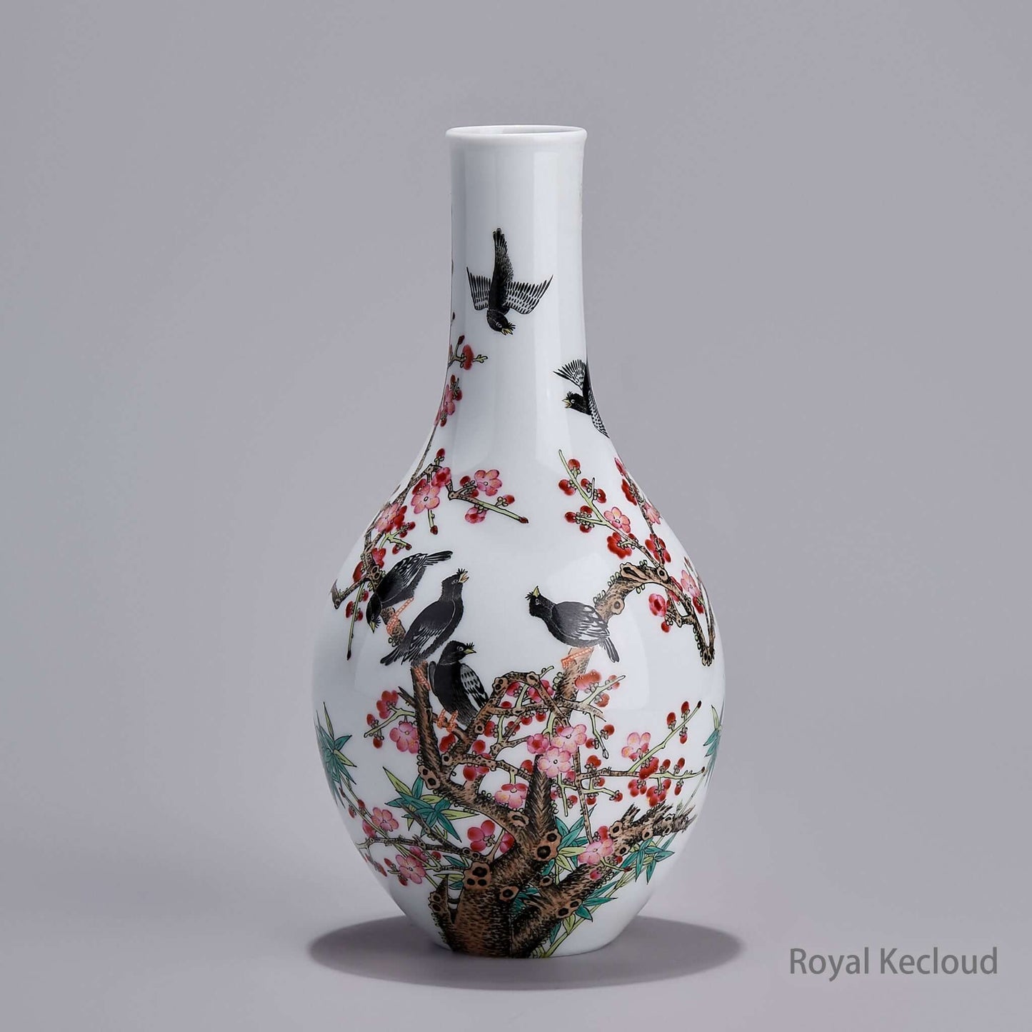Imperial Qing Dynasty Qianlong Emperor Enameled ‘Bird and Peach Blossoms’ Gallbladder-Shaped Porcelain Vase