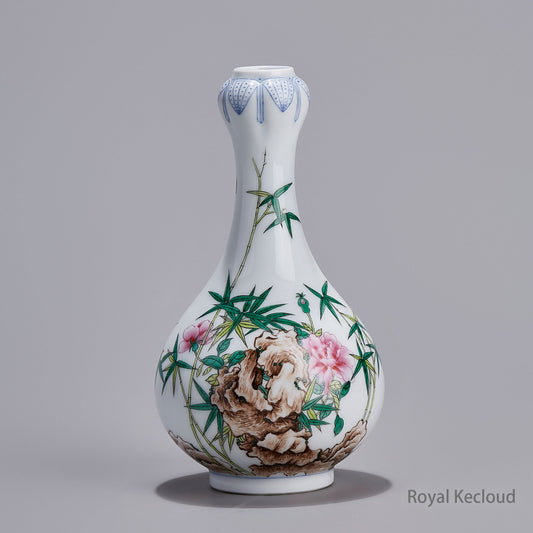 Imperial Qing Dynasty Qianlong Emperor Garlic-Mouth Porcelain Vase with ‘Flower & Bamboo’ Enamel