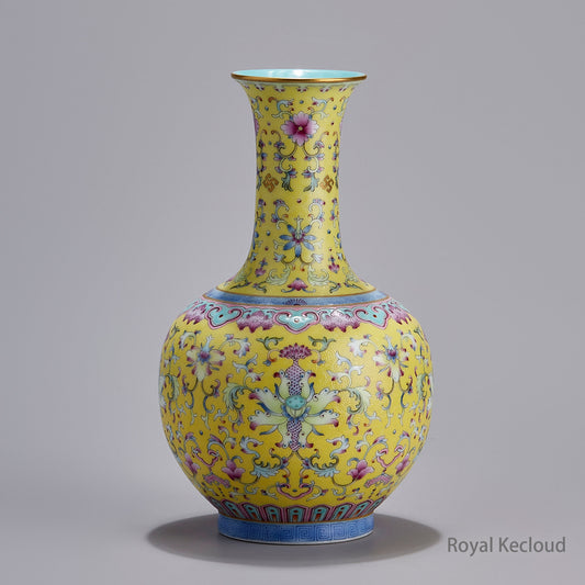 Imperial Qing Dynasty Qianlong Emperor Yellow-Ground Famille Rose ‘Lotus’ Porcelain Vase
