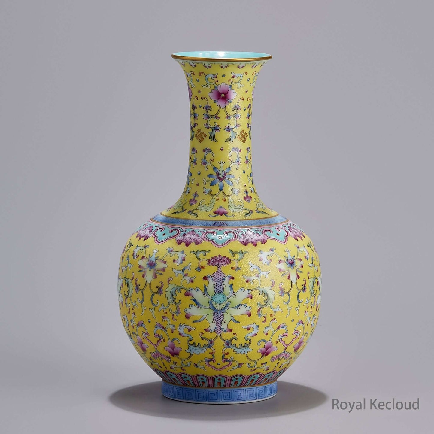 Imperial Qing Dynasty Qianlong Emperor Yellow-Ground Famille Rose ‘Lotus’ Porcelain Vase