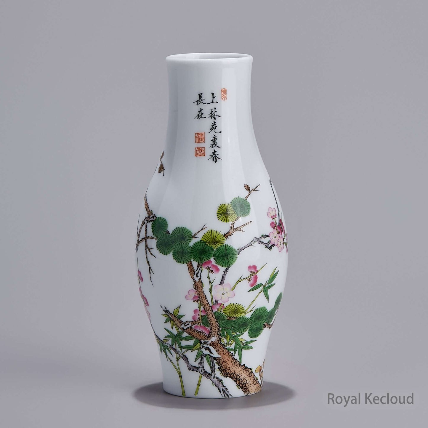 Enamel Ceramic Vase depicting the Three Friends In Winter motif with intricate floral details.