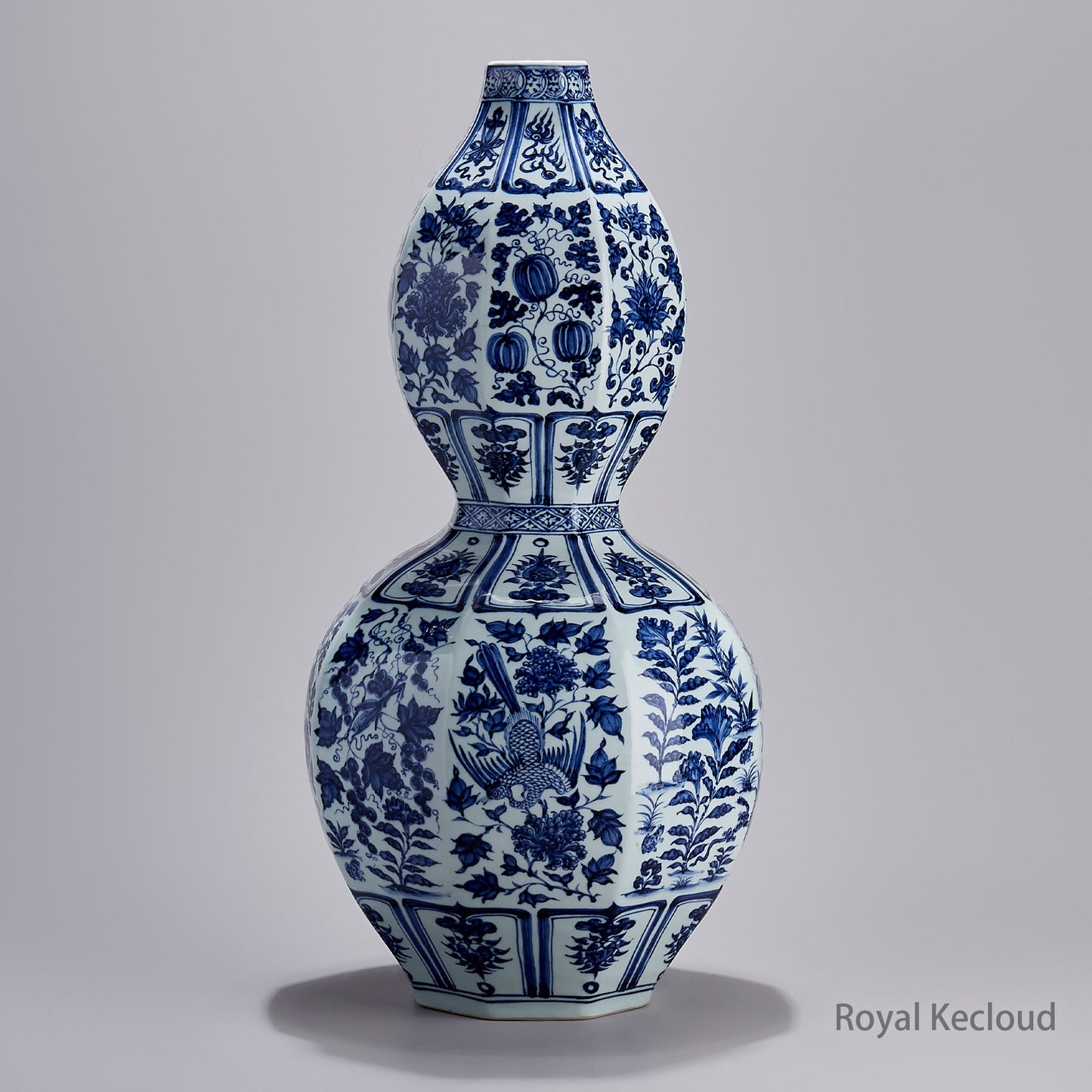 Imperial Yuan Dynasty Blue-and-White Double-Gourd Porcelain Vase with Melons and Animals