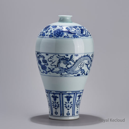 Imperial Yuan Dynasty Blue-and-White Prunus Porcelain Vase with ‘Dragon among Clouds and Interlocking Flower’