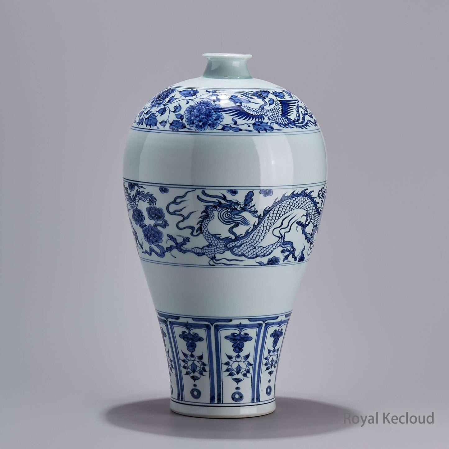 Imperial Yuan Dynasty Blue-and-White Prunus Porcelain Vase with ‘Dragon among Clouds and Interlocking Flower’