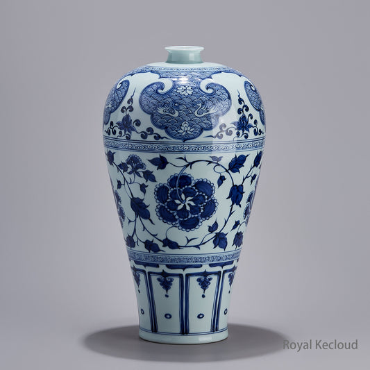 Imperial Yuan Dynasty Blue-and-White Prunus Porcelain Vase with Interlocking Peony - Meiping
