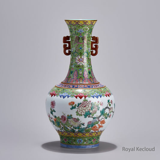 mperial Qing Dynasty Qianlong Emperor Green-Ground Famille Rose ‘Floral’ Porcelain Vase with Two Ears